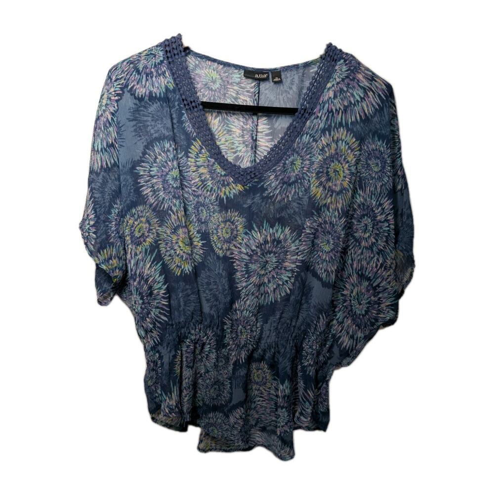 ANA A New Approach Blouse Womens XL Multicolor Floral Sheer Crochet Knit Top